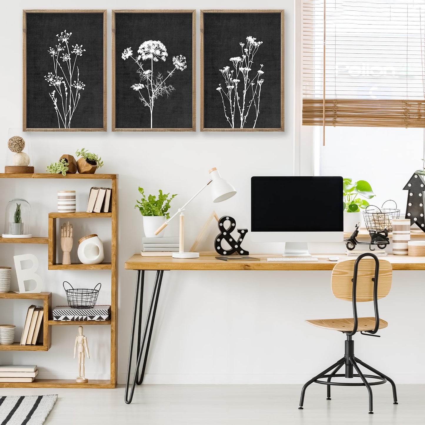 Flower Plant Wall Art Decor 24"x16" Set of 3 Black And White Botanical Painting Wood Framed For Minimalist Bedroom Office Rustic Living Room Abstract Wildflower Sign Hanging (Wood Black)