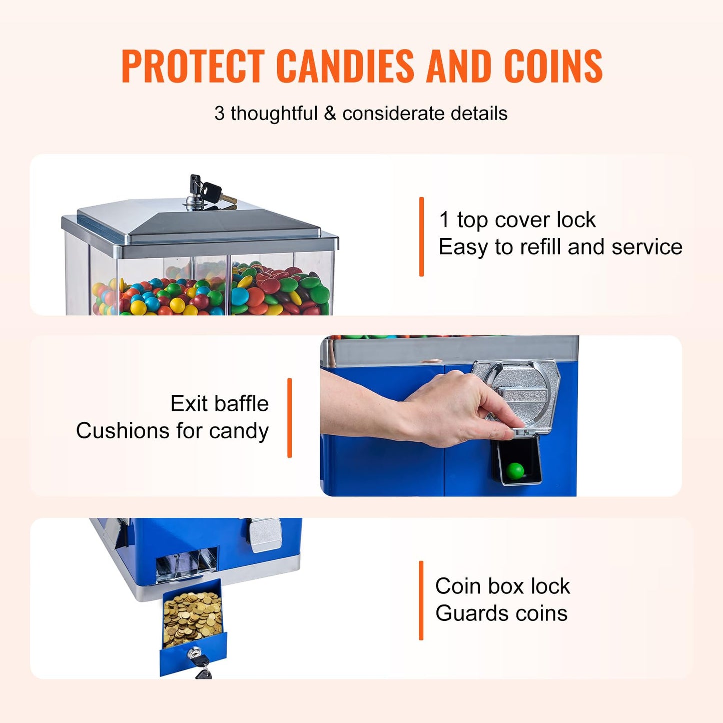 VEVOR Commercial Vending Machine, Four Compartment Rotatable Gumball and Candy Dispenser, Adjustable Height Coin Operated Candy Bank with Iron Stand, for Business Toy Capsules Bouncy Balls Nut, Blue