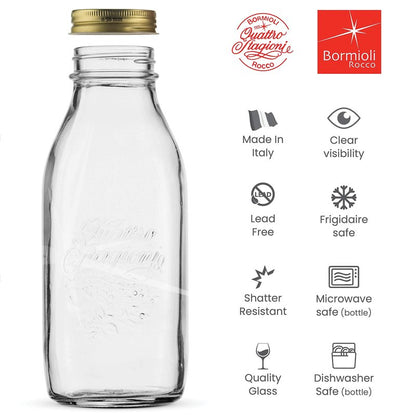 Bormioli Rocco Quattro Stagioni Glass Milk Bottle 33.75 Ounce/1 Liter with Airtight Lid, Great For Kombucha Brewing Bottle, Beer, Homemade Juicing, Smoothies, Beverages, Durable Construction. (6 Pack)