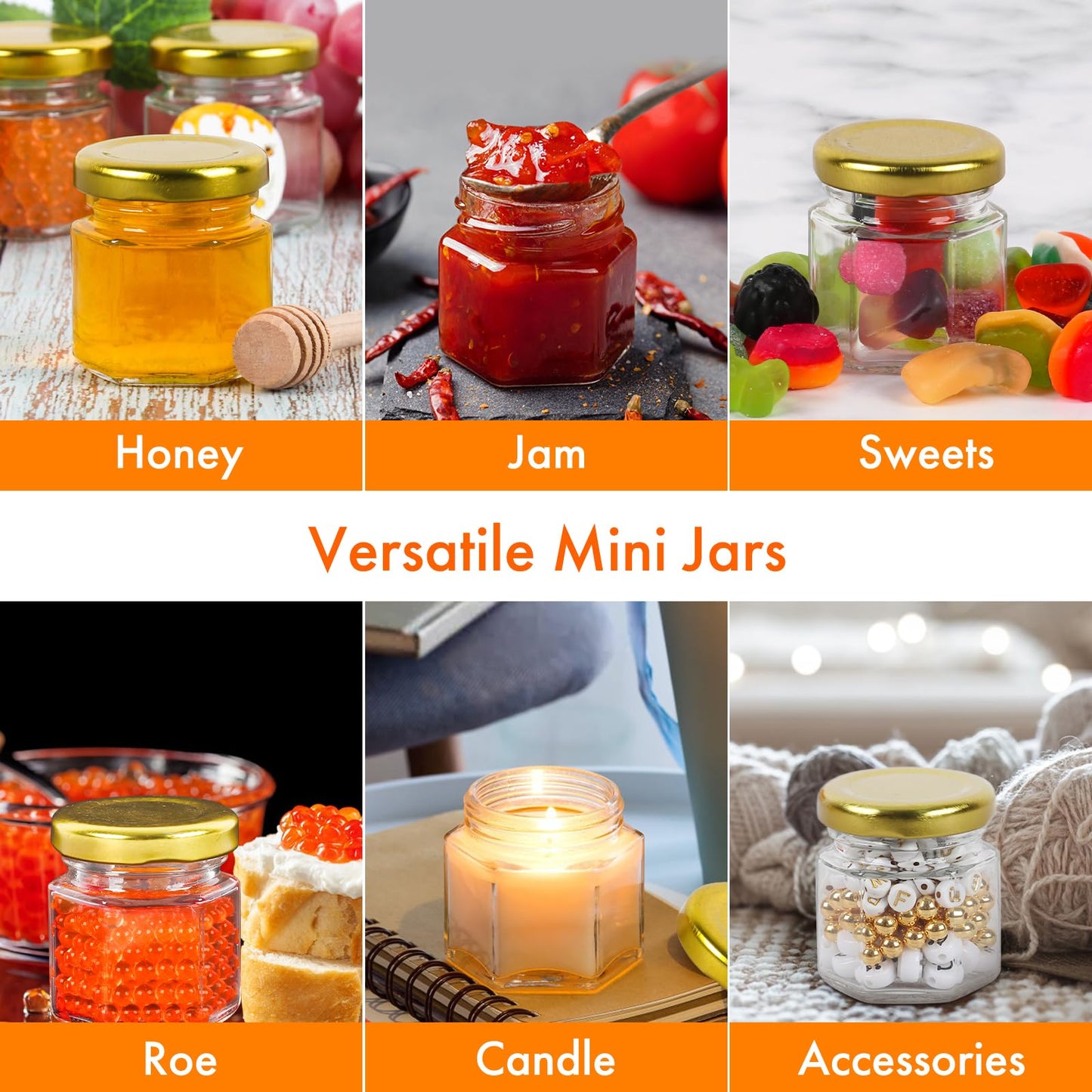 AuroTrends Mini Honey Jars with Dipper 1.5oz 60Pack, Empty Hexagon Honey Jars for Baby Shower Favors/Wedding Favors for Guests Bulk-Mini Glass Jar with Lids/Wooden Dippers (1.5 fl.oz-60Pack)