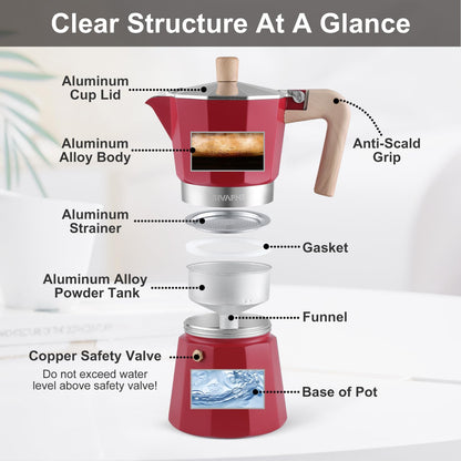 Sivaphe Aluminum Moka Pot 9 Espresso Cups, Percolator Espresso and Coffee Maker, Portable Stovetop Italian and Cuban Café Brewer for Home and Camping Red