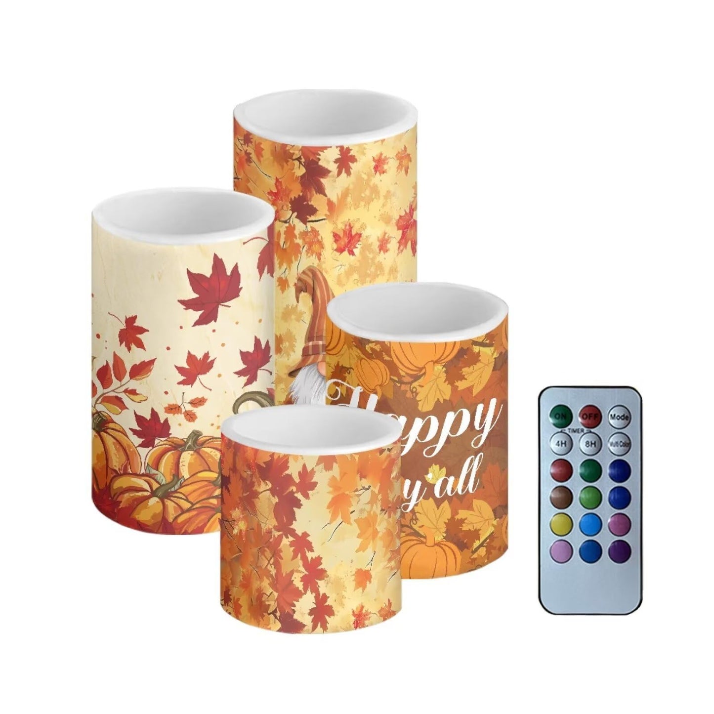 Merkmak 4 Pack Happy Fall Maple Leaves Flickering Flamless Candles with Remote LED Battery Operated Elictric Pillar Candles with Timer Control for Thanksgiving Party Decorations