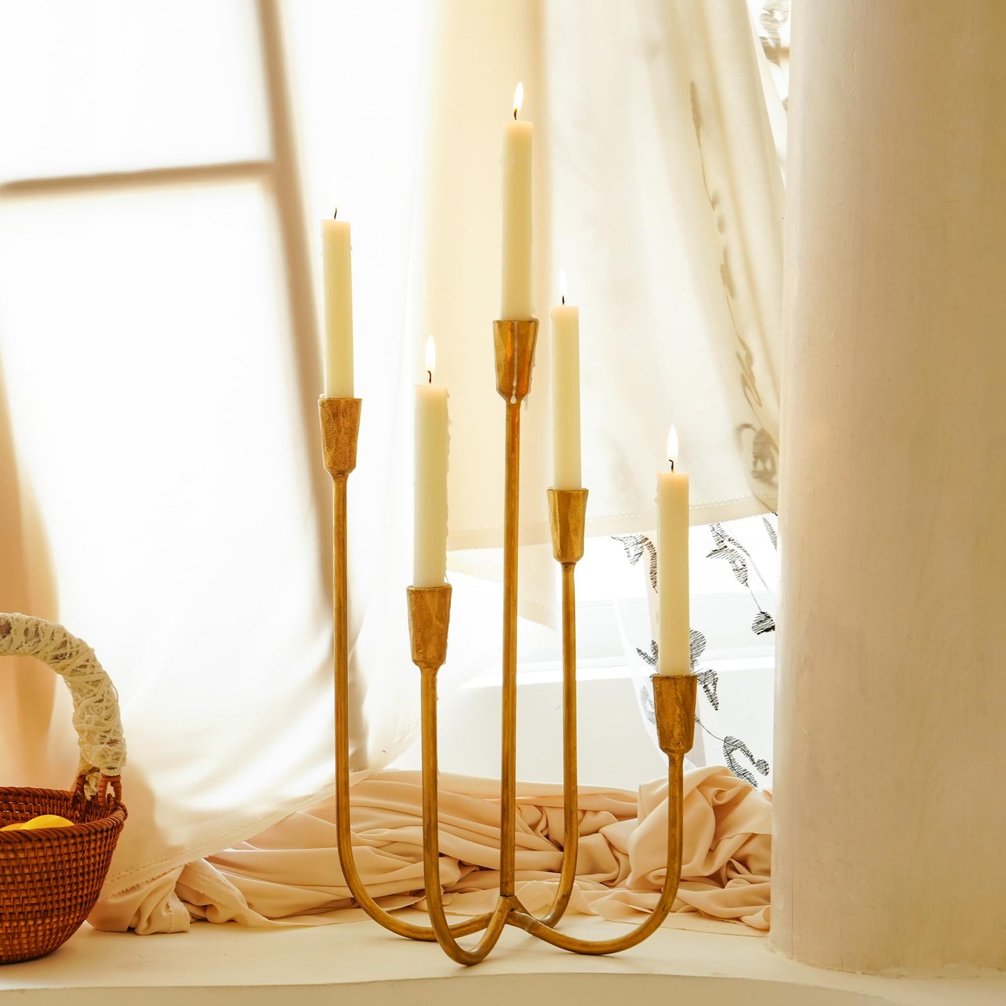 Cast Iron Candelabra 5-Taper Candle Holders, Golden Metal Candlestick Holders Tabletop Candles Stand, Decorative Table Centerpieces Mantel Decor, Antique Brass