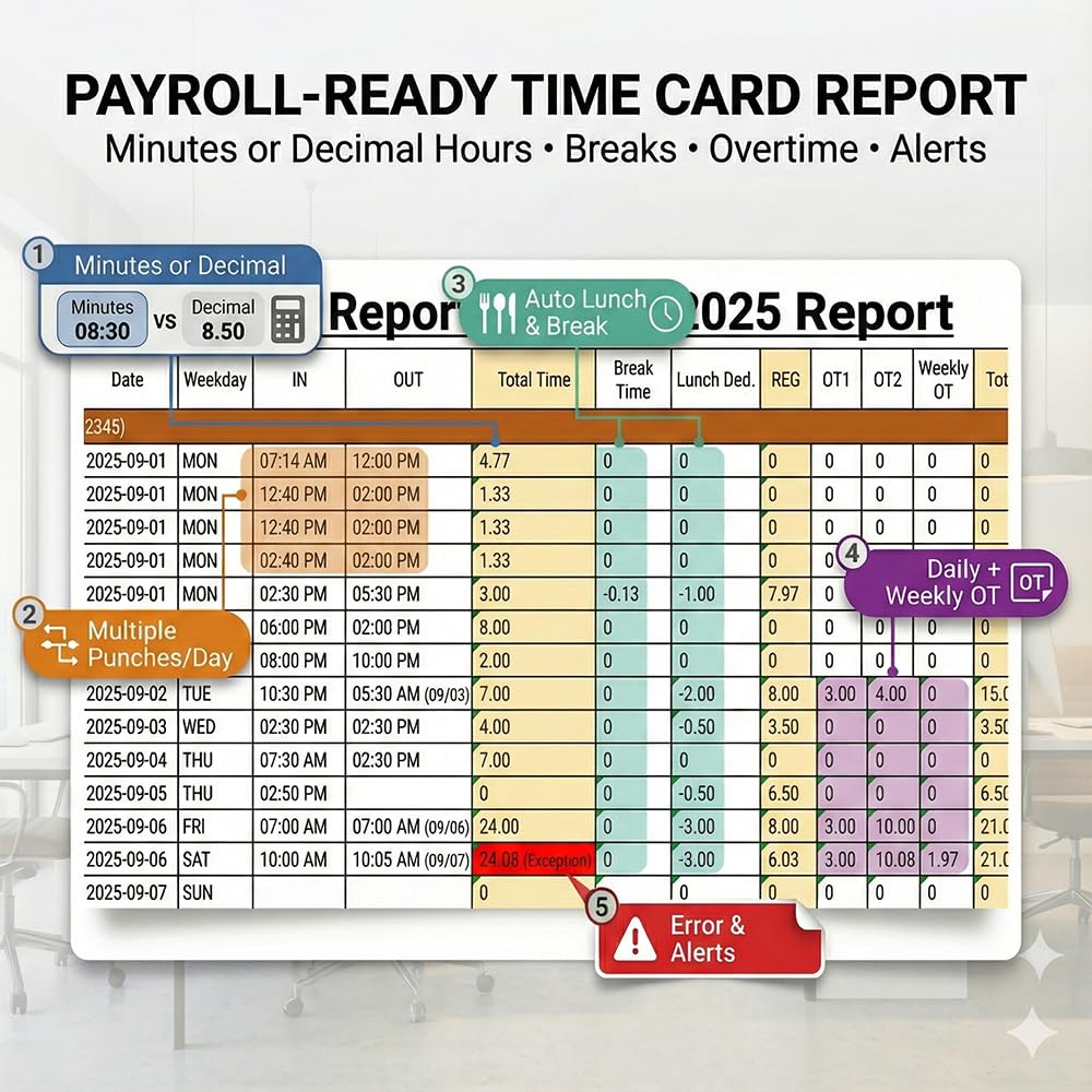 Tymelix App Control, 5s Fast Connection, Fix Records, Custom Overtime, Lunch & Break Rules, 4 Payroll Reports, No Monthly Fee, 10 IC Cards Included, Fingerprint & Face Time Clock for Small Business