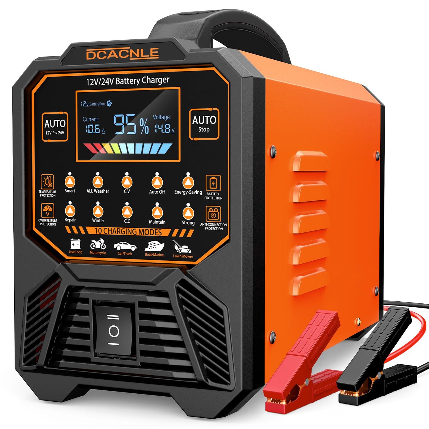 DCACNLE Car Battery Charger Heavy Duty,12V/24V Portable Smart Trickle Charger Battery Maintainer,Maintenance/Winter Mode,for AGM Auto Motorcycle Truck Rv Lawn Mower - for Lead Acid Batteries