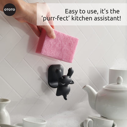 OTOTO Scrubby Cute Cat Sponge Holder for Kitchen Sink - Dishwasher Safe Dish Sponge Organizer- Compact, Cute Kitchen Accessories, Dish Sponge, White Elephant Gifts