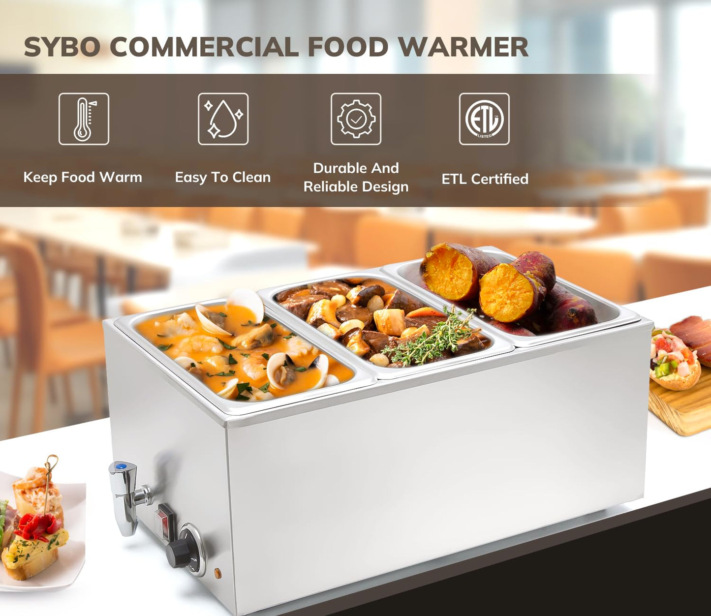 SYBO Commercial Food Warmer Steam Table Buffet Server, Stainless Steel Bain Marie for Catering & Restaurants, Electric Food Warmer for Parties Buffet, 3 Pan Sections with Tap, Silver