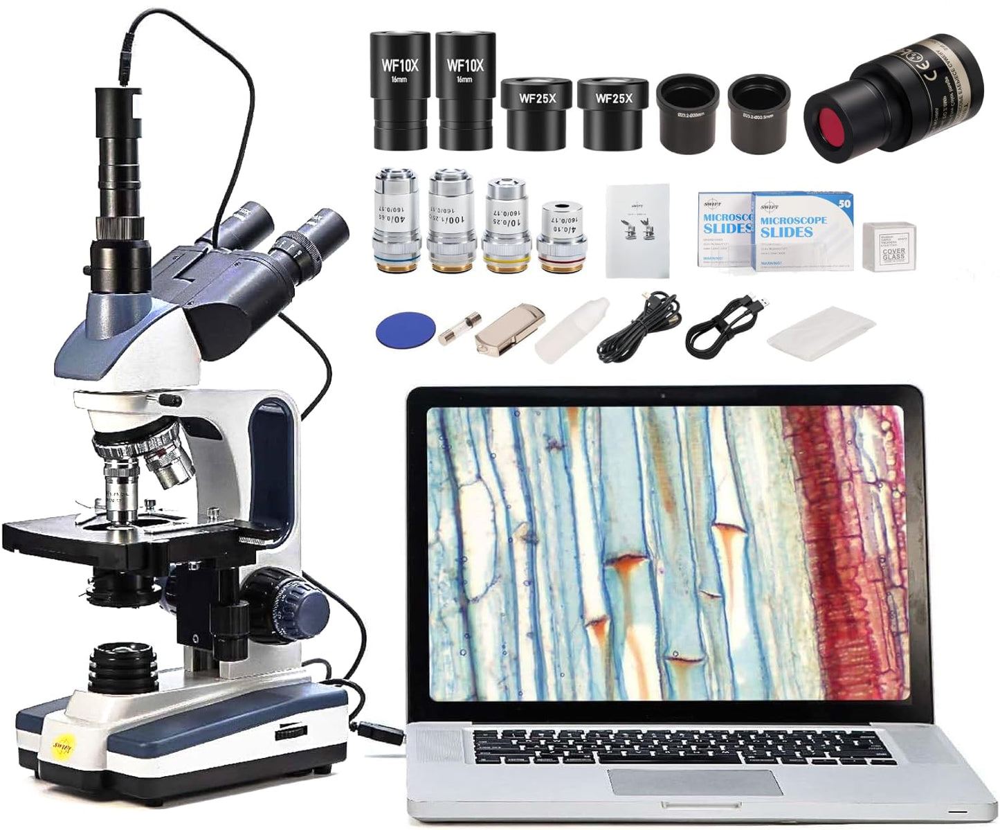 SWIFT Trinocular Compound Microscope SW350T,40X-2500X Magnification,Siedentopf Head,Research-Grade,Two-Layer Mechanical Stage,1.3mp Camera and Software Windows and Mac Compatible