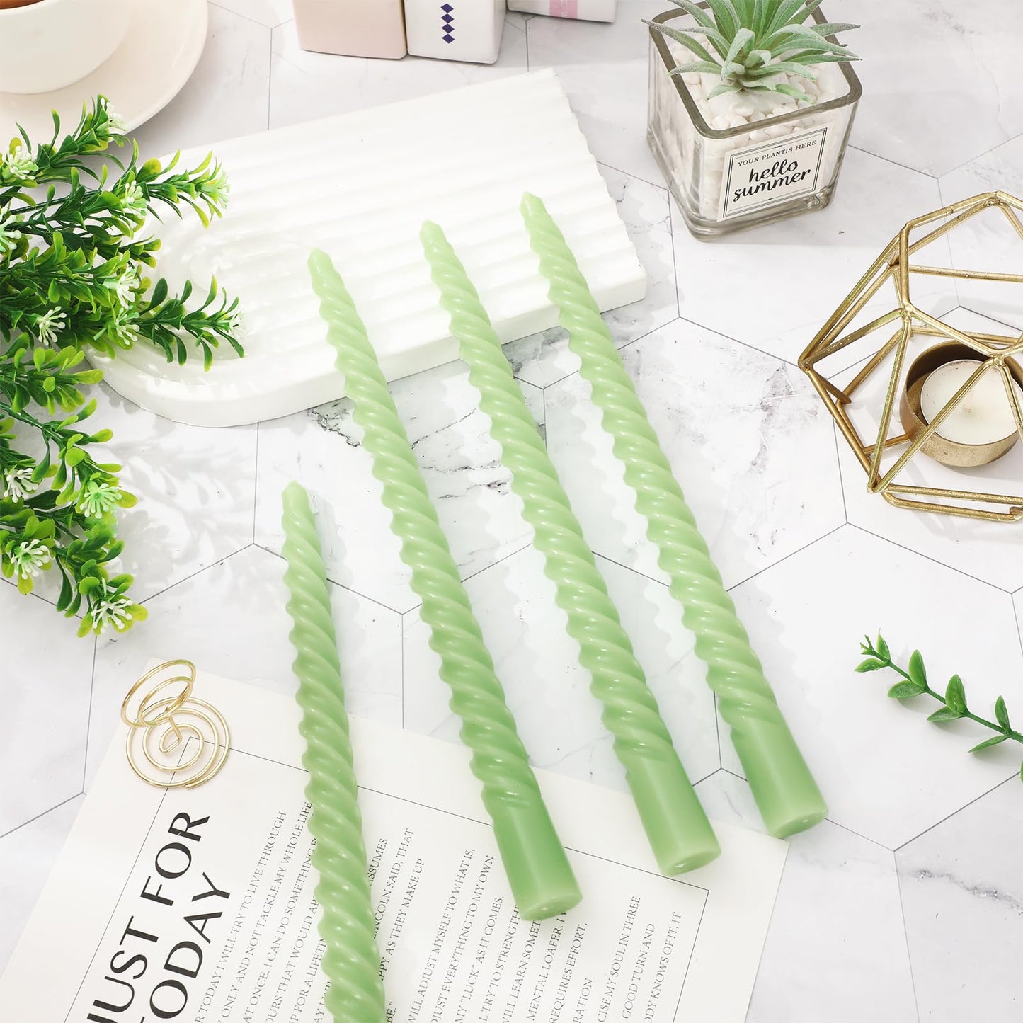 JarThenaAMCS 16Pcs Sage Green Spiral Taper Candles 10 Inch Dripless Twisted Wax Candles Long Unscented Candle Sticks for Party Home Dining Table Decor