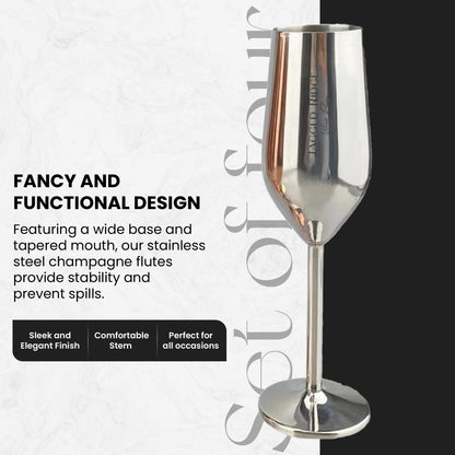 Jagged Ridge Wine Rooms Stainless Steel Champagne Flutes (Handwash Only) - Classy Steel Champagne Glass for Parties, Picnics & Special Occasions - Crafted for All Wine Enthusiasts - Set of 4 (Silver)