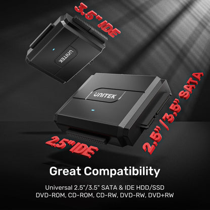 Unitek SATA/IDE to USB 3.0 Adapter, IDE Hard Drive Adapter Kit Recovery Converter for Universal 2.5"/3.5" Inch IDE and SATA External HDD/SSD, Support 10TB
