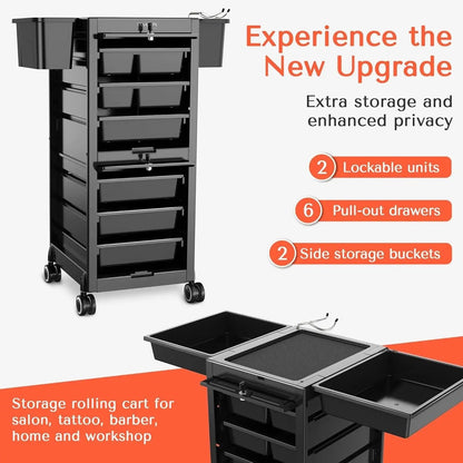 Trolley Premium Lockable Salon Trolley Cart with Wheels and 6 Drawers 2 Bucket,Versatile Salon Cart Hair Trolley on Wheels