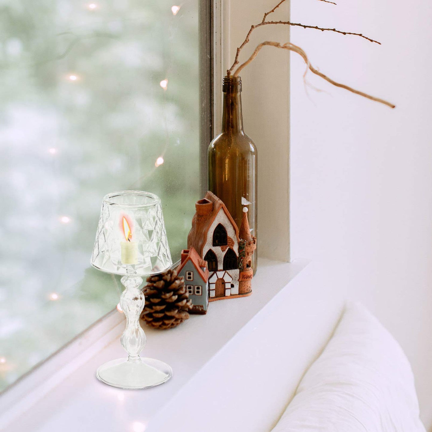 Uonlytech Glass Candlestick 7.48In Decorative Candle Holder for Home Bedroom Office Table Lighting Elegant Household Candle Stand