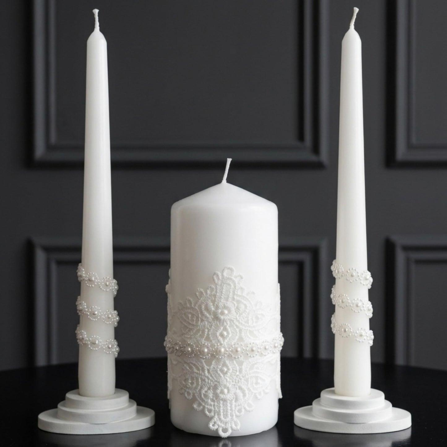 Magik Life Unity Candle Set - Wedding Ceremony & Reception – 6” Pillar & Two 10” Taper Candles – Long Burning Unity Candles for Marriage Ritual – Handmade in USA – White | Lace
