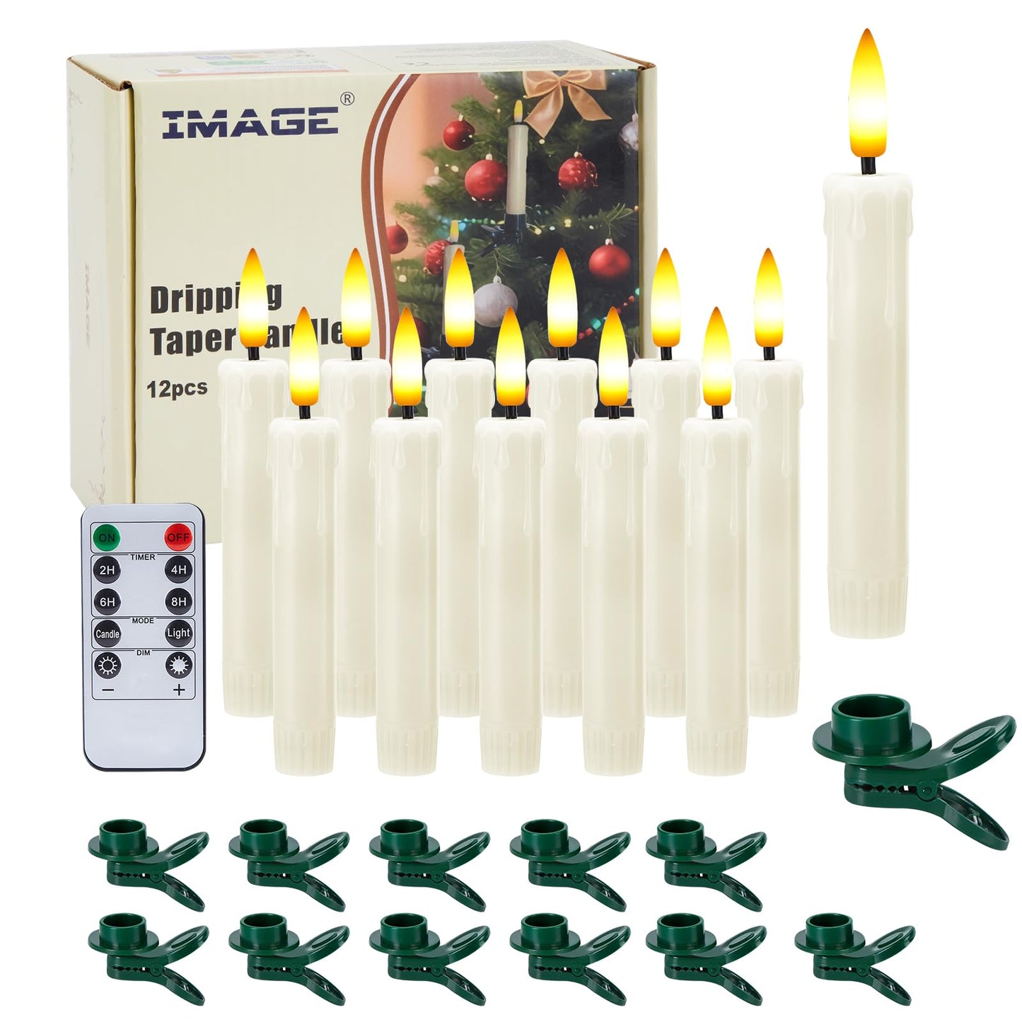 IMAGE 12Pcs LED Taper Candles Light Set 5.3 inches Dripping Flameless 3D Wick Ivory Candles with Clip-on Christmas Tree Design, 10-Key Remote with Timer, Warm White Light Battery Operated for Decor