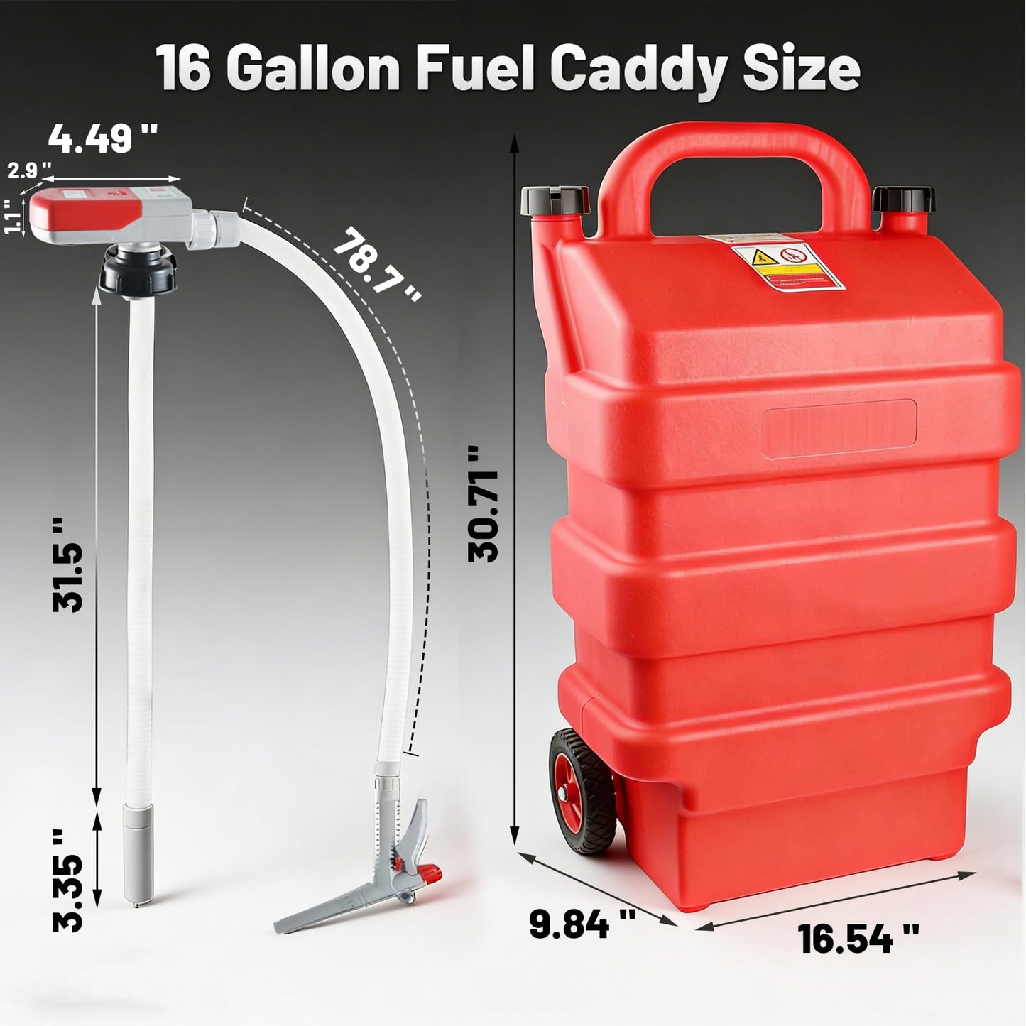 Weetron 16 Gallon Fuel Caddy with 3.8 GPM Fuel Transfer Pump,Portable Fuel Tank with 6.5 ft Extra Long Hose & 5 Can Adapters,12V DC/AA Battery Powered,Suitable for Gasoline,Diesel-Red