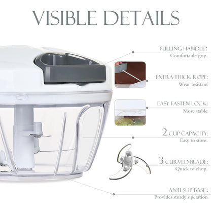 Ourokhome Manual Food Processor Vegetable Chopper, Portable Hand Pull String Garlic Mincer Onion Cutter for Veggies, Ginger, Fruits, Nuts, Herbs, etc., 500ml, White