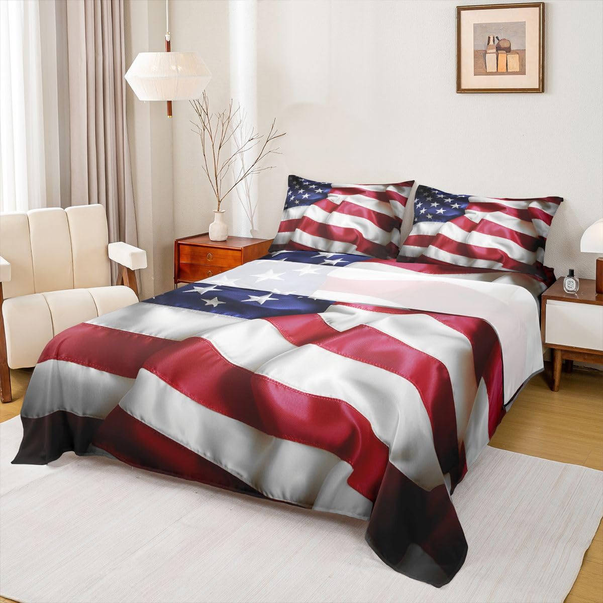 Erosebridal United States Sheet Set Teens American Flag Fitted Sheet Queen, Blue Red Bedding Set Geometric Stripes Bed Sheet with Deep Pocket, 4 Pcs with 1 Fitted Sheet, 1 Flat Sheet, 2 Pillow Cases
