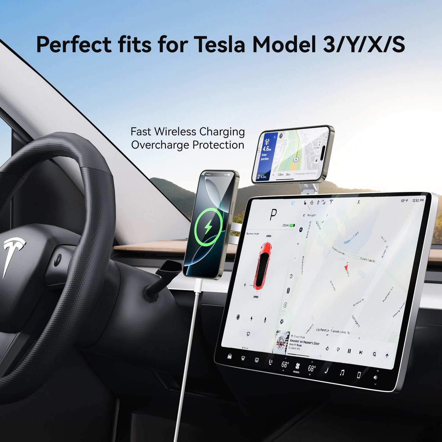 Laptop Phone Holder, Magnetic Phone Stand 15W Fast Wireless Charger for MagSafe for iPhone 17/16/15/14/13/12 & All Phones for Tesla (Silver)