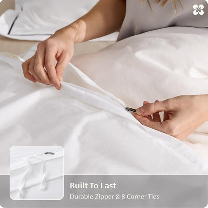 Bedsure 100% Cotton Percale Duvet Cover Queen, Luxury Hotel Duvet Cover, White Comforter Cover with Frame Embroidery, PureWoven Breathable & Lightweight Bedding Set for All Season, 3 Pieces, 90"x90"
