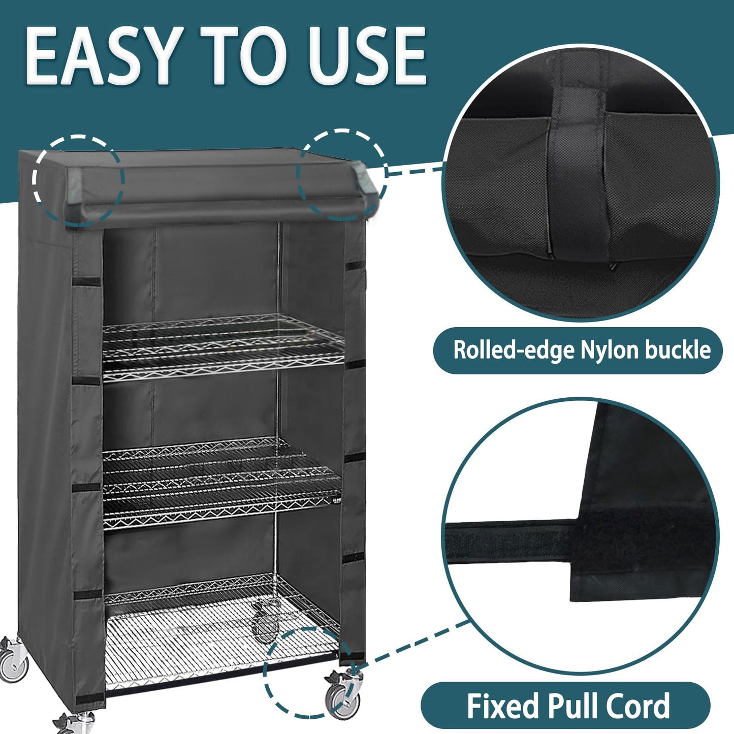 ZYSUOR Shelving Cover Storage Shelf Wire Rack Cover,48" W x 18" D x 72" H,Nylon Buckle Design on Both Sides of The Front for Easy Access to Items (No Shelves,Black)