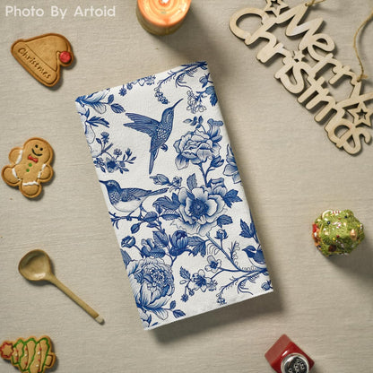 Artoid Mode Blue Hummingbird Flowers Kitchen Towels Dish Towels, 18x26 Inch Farmhouse Royal Blue Porcelain Decoration Hand Towels Set of 2