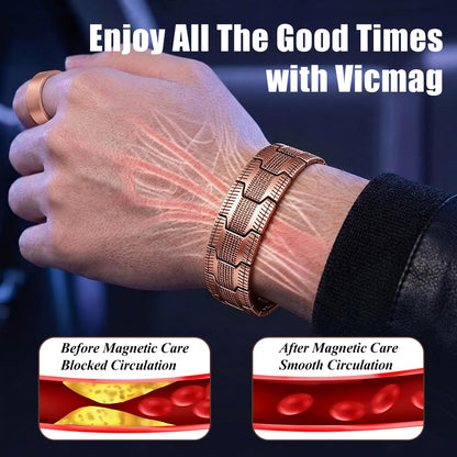 Vicmag Copper Magnetic Bracelet for Men, 3X Strength Magnets, Pure Copper Bracelet & 9X Magnet Ring Set, Adjustable Fit with Sizing Tool(Textured Copper)