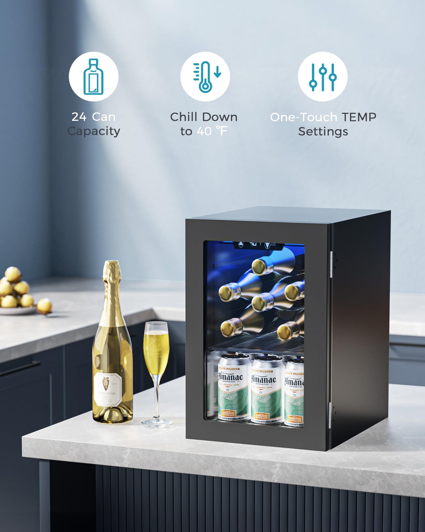 EUHOMY 18L Beverage Refrigerator Cooler, 24 Cans Mini Fridge with Quiet Compressor, Countertop Small Fridge with 40°F-61°F Digital Temperature Control, LED Lgiht for Home, Bar, Office