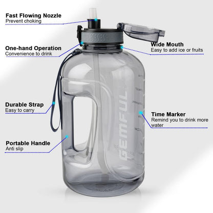 GEMFUL 3 Liter Water Bottle with Straw Time Marker Large 101oz BPA-Free Leakproof Jug for Gym Sports Hiking Motivational Tracking for Men Women (Grey with Removable Straw)