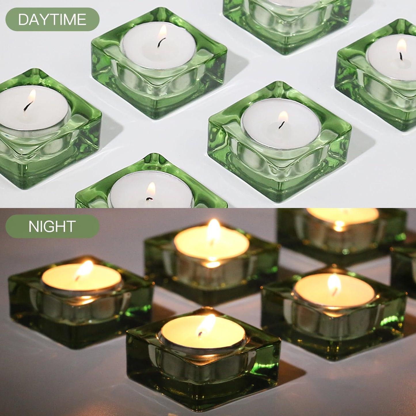 CHOCSTAY Tealight Candle Holder Set of 6, Green Glass Candle Holder Heat-Resistant Square Holders for Wedding, Party, Home Décor