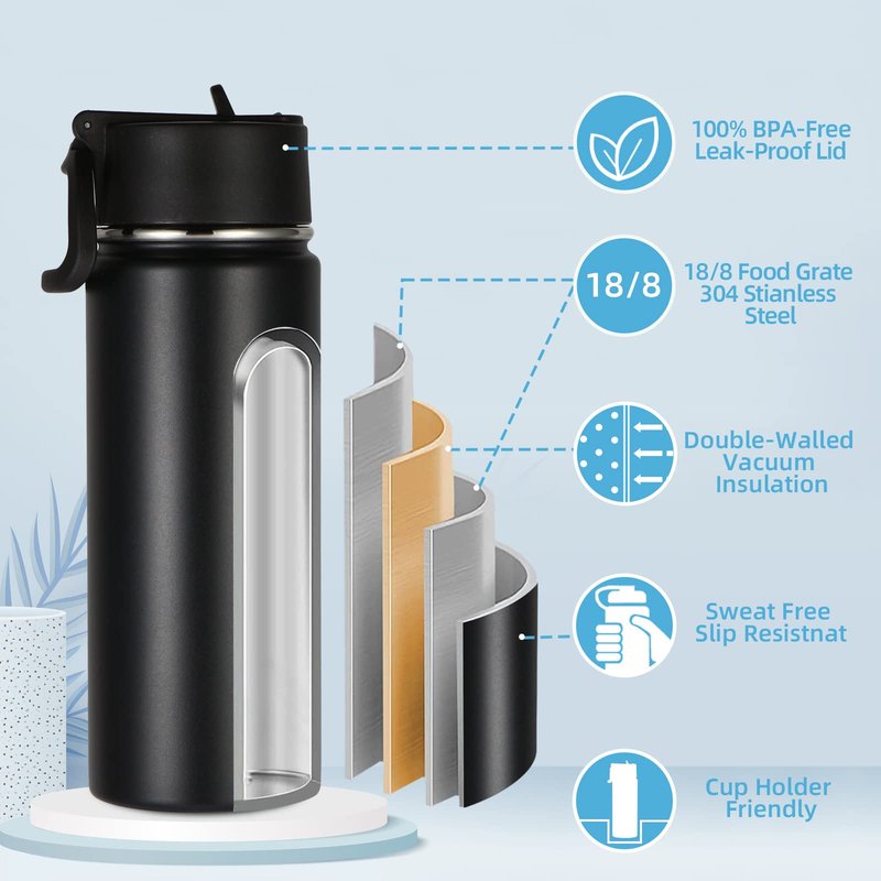 Volhoply 16 OZ Kids Water Bottle Bulk 8 Pack,Insulated Sports Bottles with Straw Lid,Stainless Steel Bottle with Handle Keep Cold & Hot,Double Wall Vacuum Tumbler Cups for School,Girls(Black, 8)