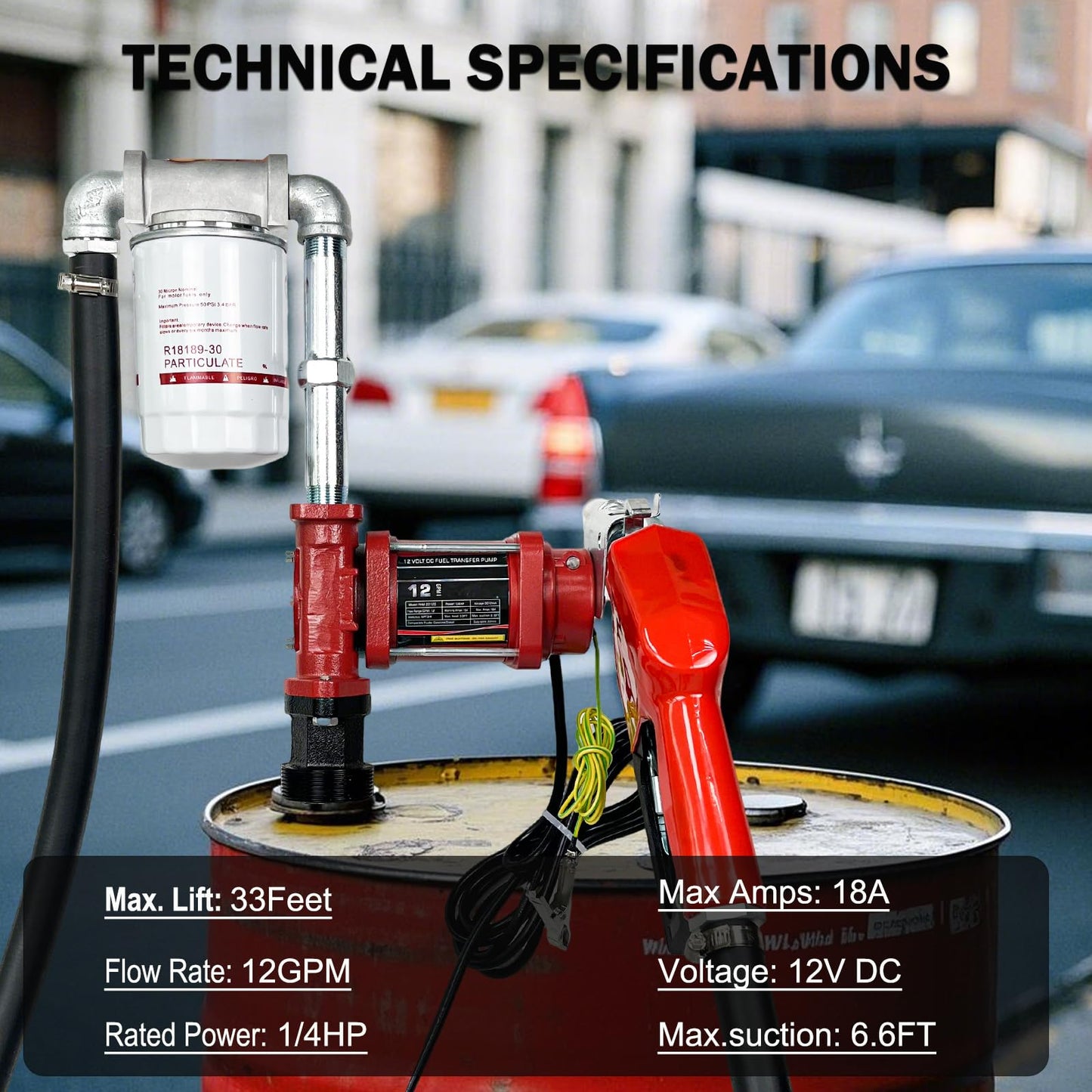 12V DC 12GPM Gasoline Fuel Transfer Pump Kit, Overheat Protection, Explosion-proof, Suitable for Gasoline, Diesel, Mineral Oil, Kerosene with Particulate Filter with Automatic Nozzle & Hose Kit