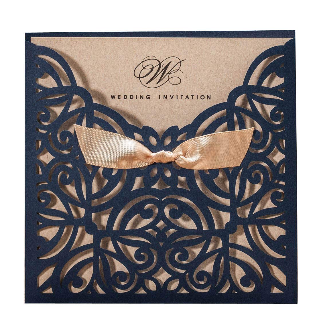 WISHMADE Jofanza 5.9x5.9 Inch 50PCS Navy Blue Laser Cut Wedding Invitation Cards with Bowknot and Envelopes Kraft Paper Blank invitation for Wedding Engagement Party Invite