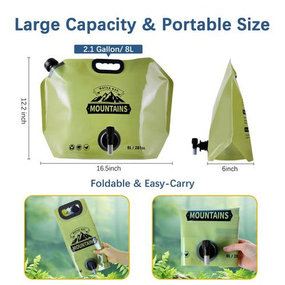 Coipdfty Water Jug Camping 2.1 Gallon Collapsible with Spigot, BPA Free Portable Water Pouch Foldable Water Bags for Outdoor Hiking, Travel and Emergency & Water Storage Containers (Green-1Pcs)