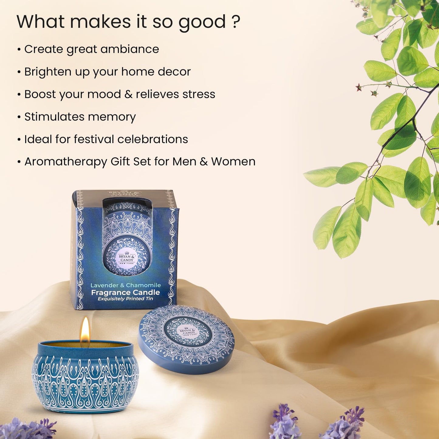BRYAN & CANDY Scented Candles Diwali Gift Set for Women & Men Lavender & Chamomile,100 Gm Each Soy Wax Eco Friendly Printed Tin