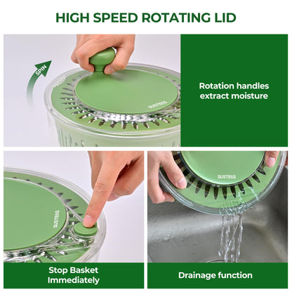 SUSTEAS Salad Spinner Large, Vegetables Wash Bowl, Fruits & Herb Lettuce Dryer with 5 Blade Slicer Egg Yolk Strainer Shredder for Efficient Salad Preparation and Food Washing, 4.25Qt