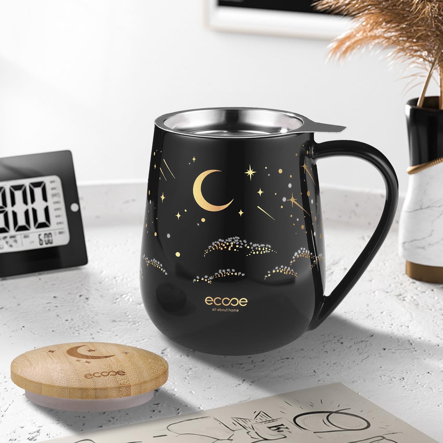 ecooe Tea Infuser Mug 20.3oz Ceramic Tea Cup with Removable Stainless Steel Infuser and Lid, 600ml Tea Mug for Loose Leaf Tea Coffee Milk, Gifts for Women Parents Friends Office Home (Black)