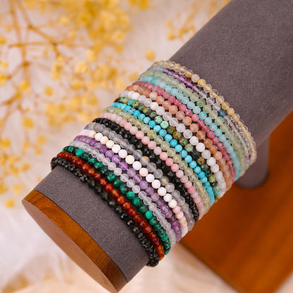 BONNY BOXX Natural Genuine Gemstone Faceted Round Beads Bracelets, 3mm Adjustable Stretchy Tiny Faceted Labradorite Bracelet, Healing Crystal Reiki Chakra Dainty Jewelry Fashion Gifts