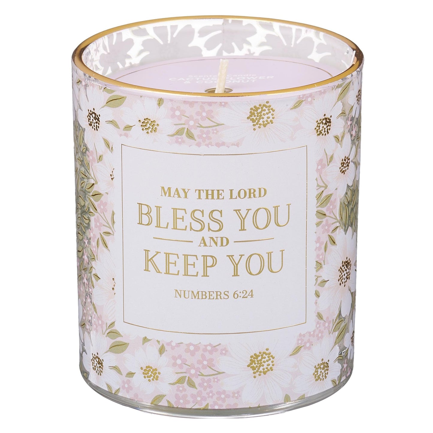 Christian Art Gifts Lord Bless You Scented Candle: Soy Wax, Pure Essential Oils, Cactus Blossom & Coconut Scent, Bible Verse, Floral Design Glass Jar, Encouragement Gift for Women, 40 Hours Burn Time