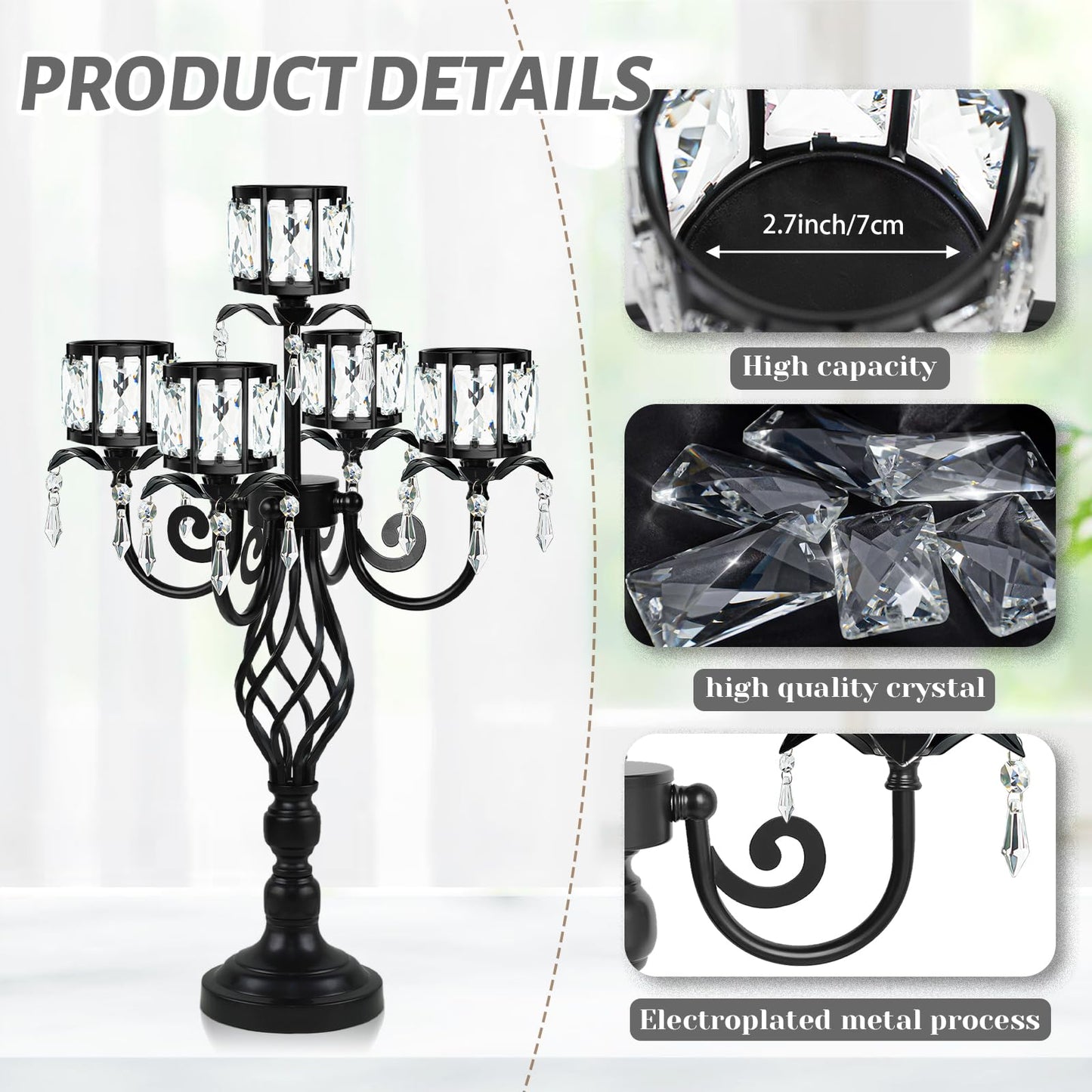 23.2 inch Tall Elegant and Chic 5 Arm Pendant Crystal Candlestick Holder Table Decoration tealight Candle Holder, Candelabra for Gorgeous Wedding/Parties Table Centerpiece (1, Black)