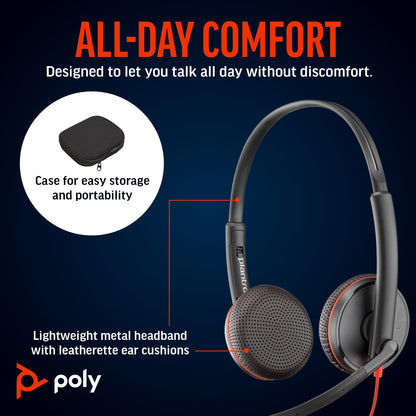 Poly Blackwire 3225 Wired Headset (Plantronics) - Noise-Canceling Mic – Stereo Design - Connect to PC/Mac/Mobile via USB-C, USB-A, or 3.5mm - Works w/Teams, Zoom - Amazon Exclusive
