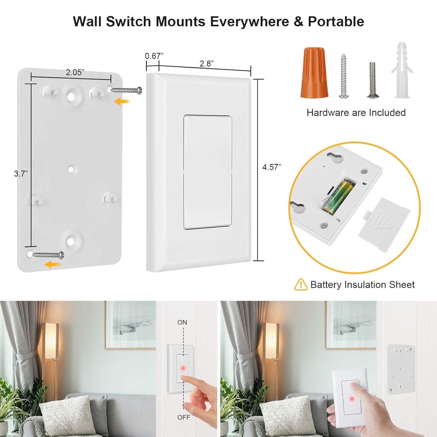 Suraielec 3 Way Wireless Light Switch, No Wiring, No WiFi, 100ft RF Range, Pre-Programmed, Expandable Wireless Wall Switch and Receiver Kit, Remote Control Light Fixture for Lamp, Ceiling Light, Fan
