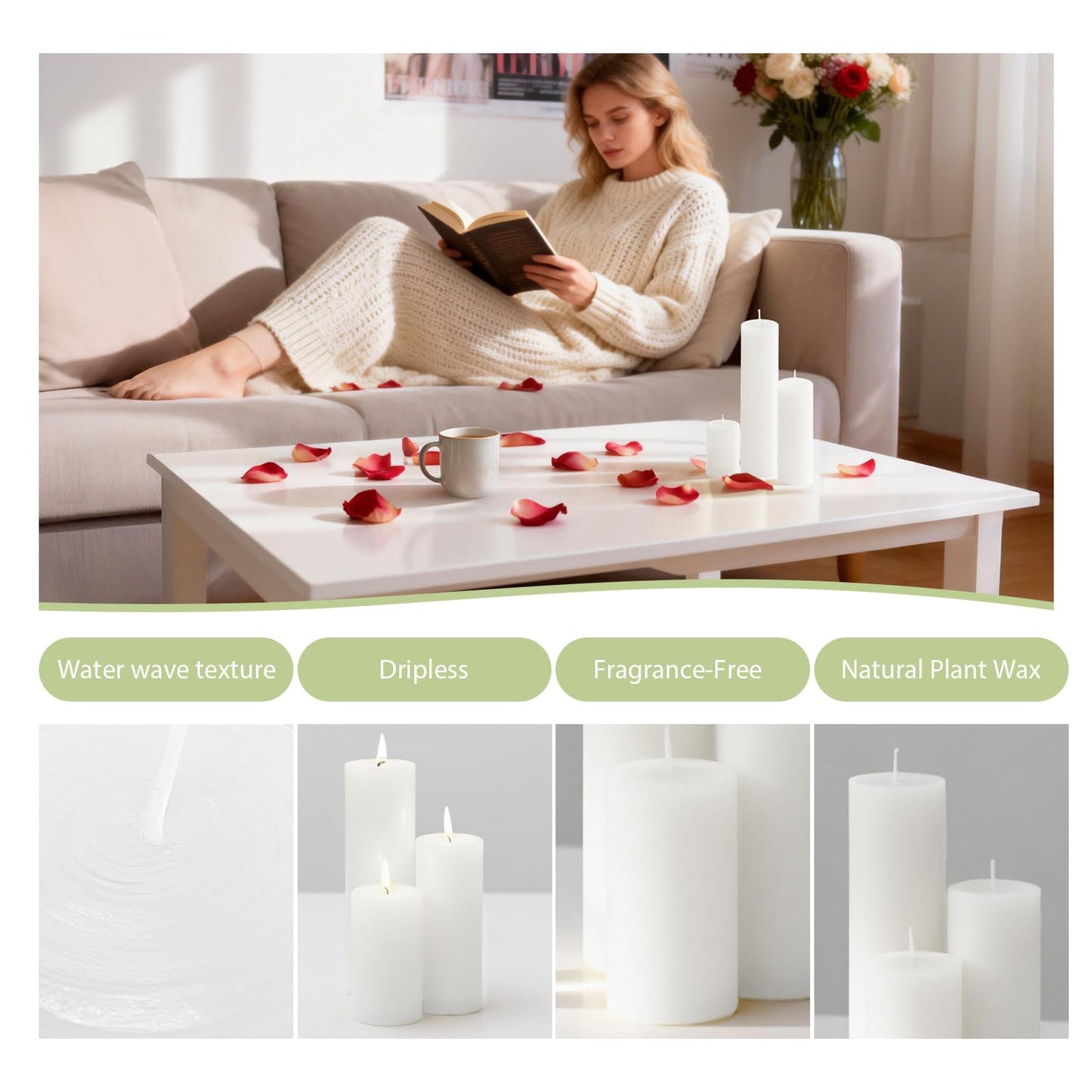 Veiuwa 6 Pack White Pillar Candles Bulk Set, 2x3 2x6 2x8 Inch - 2 Each Size, Dripless Smokeless Clean Burning for Wedding Centerpieces, Home Decor, Church, Romantic Ambiance！