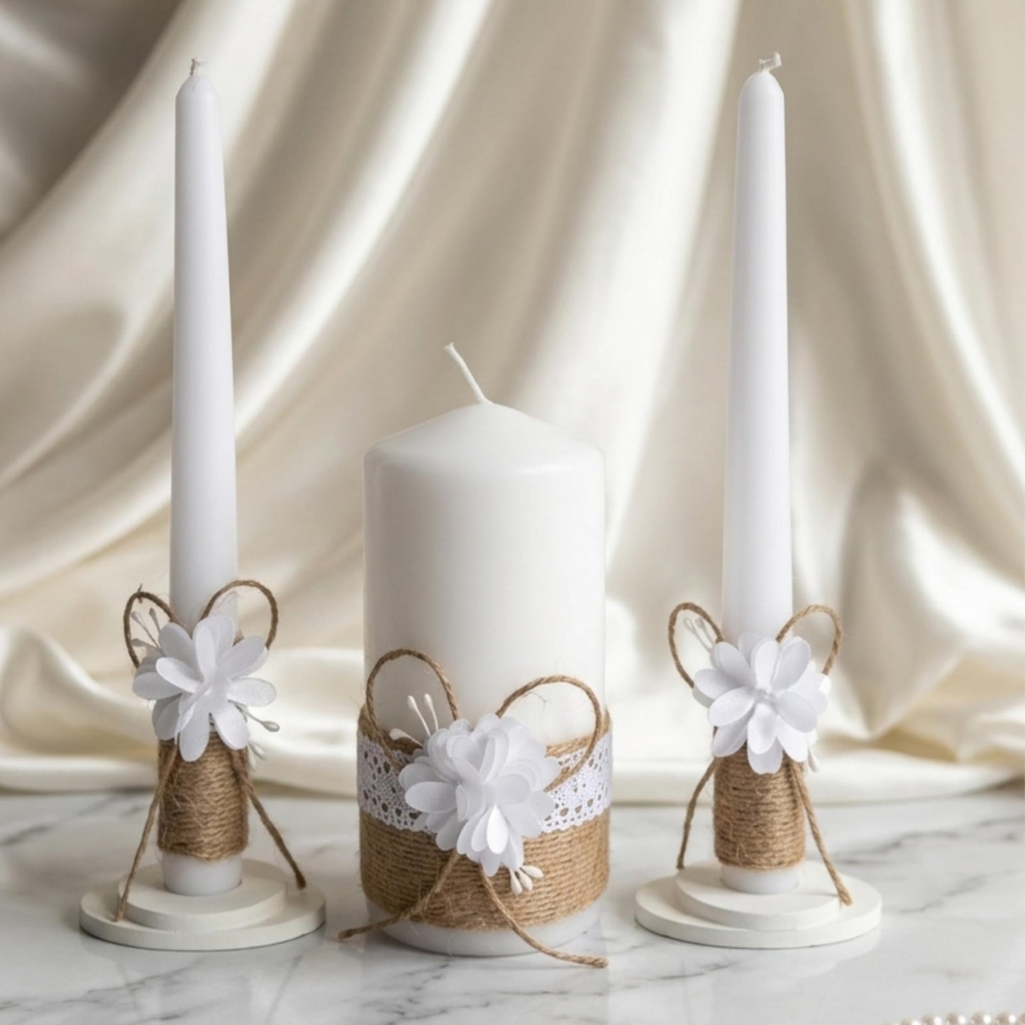 Magik Life Unity Candle Set - Wedding Ceremony & Reception – 6” Pillar & Two 10” Taper Candles – Long Burning Wedding Unity Candles for Marriage Ritual – Home Decor- Handmade in USA – White | Rustic