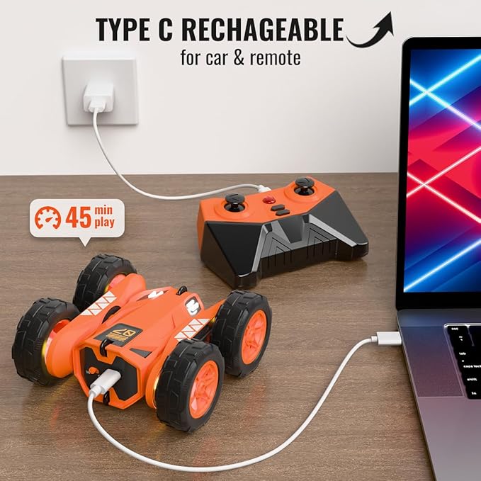 MaxTronic Fast Direct Charging Remote Control Car with LEDExclusive Dual USB-C Charging for Car &amp Controller - 2.4Ghz 15km/h 360° Flips Rotations 4WD RC Stunt Car Fully Rechargeable for Kids 3-12
