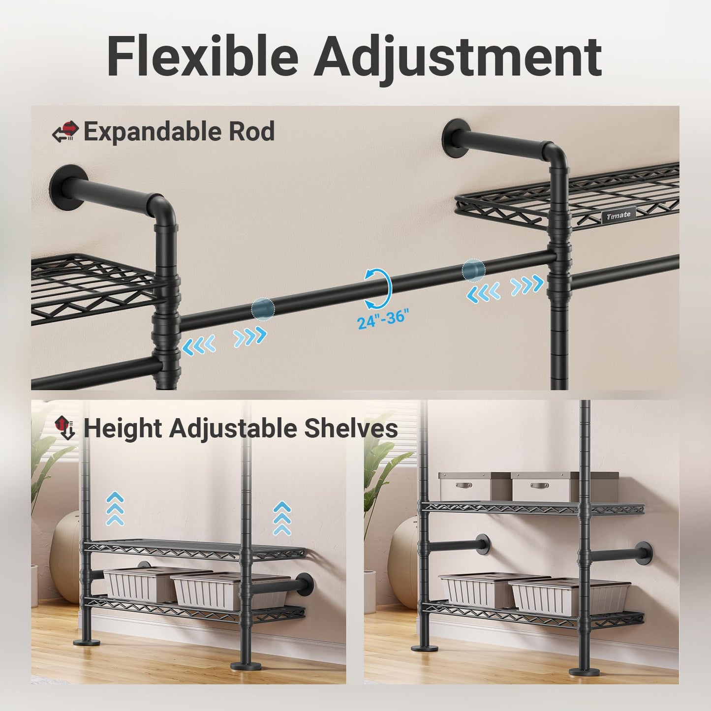 Timate L Shape Closet Rack Wall Mount for Corner, Heavy Duty Hanging Garment Rack Clothing Rack with 8 Adjustable Shelves & 4 Hanger Rods, Closet System for Hanging Clothes, Black