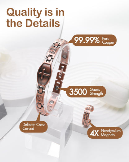 Feraco Pure Copper Bracelets & Rings for Women, Ultra Strength Magnetic Bracelet with 3500 Gauss Magnets, Adjustable with Sizing Tool, Cross Jewelry