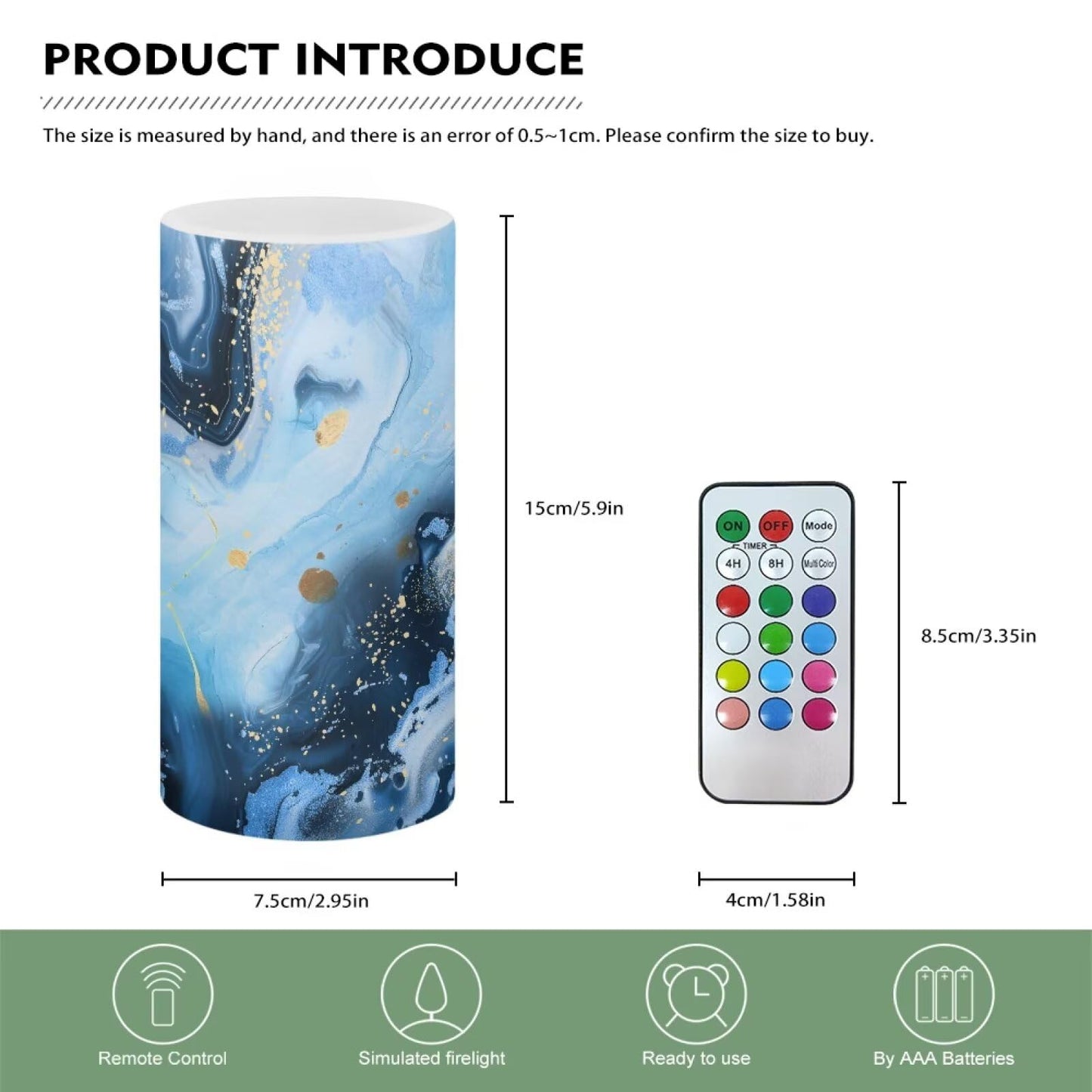 Merkmak Pack of 1 Blue Marble Flameless Candles Battery Operated Candles with Remote and Timers Flickering LED Elictric Pillar Tealights for Outdoor Indoor Home Decoration