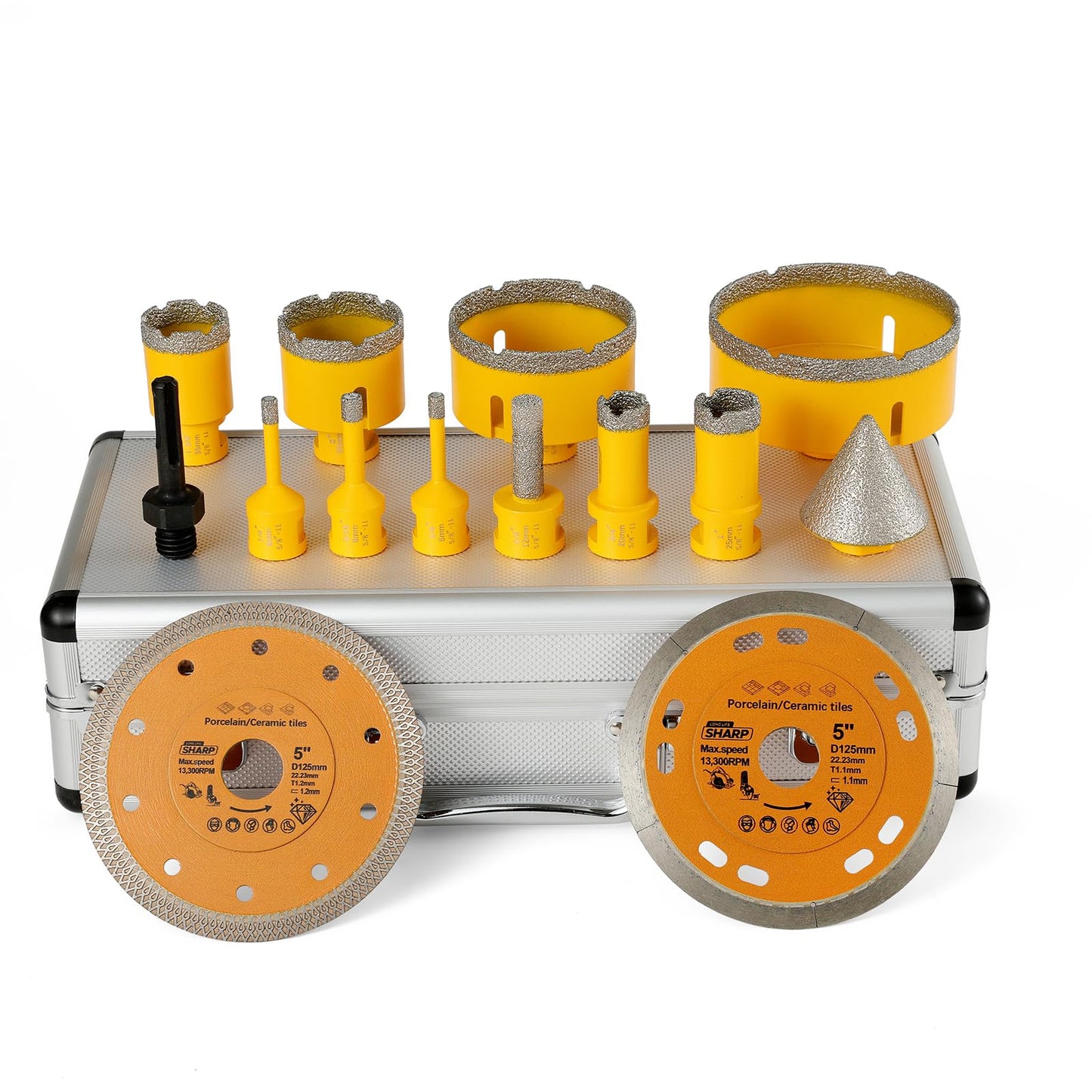 14Pcs Diamond Tile Hole Saw Kit,6/6/8/20/25/35/50/75/100MM Core Drill Bits Set with 2" Chamfer Bits and 4.9" Diamond Blades for Marble Ceramic Porcelain Tile