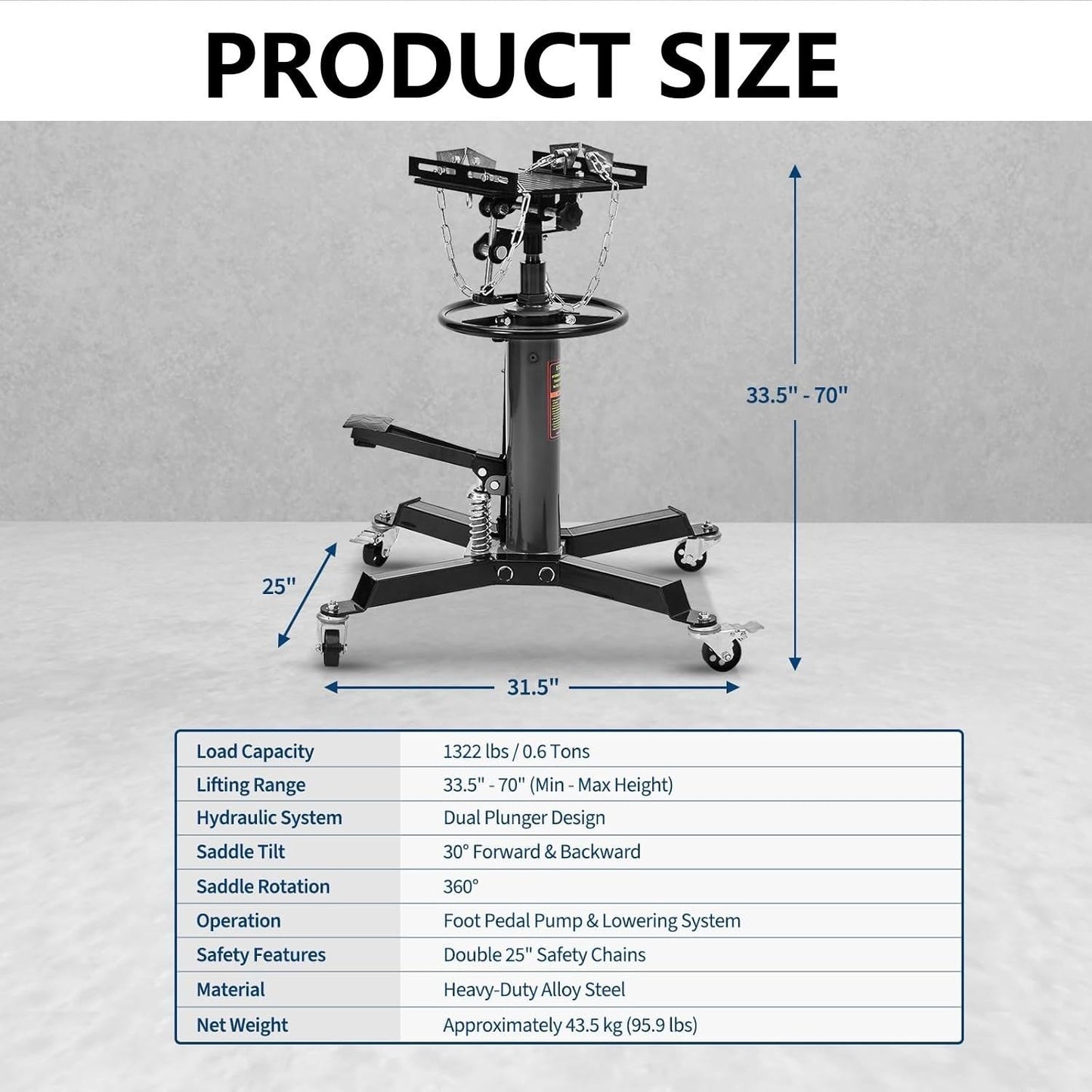 Hydraulic Transmission Jack 1322 Lb Capacity, High Lift 33.5-70 Inch, Dual Plunger System, 360° Rotating & 30° Tilting Saddle, Telescoping Jack Stand for Garage and Auto Shop Use, Black